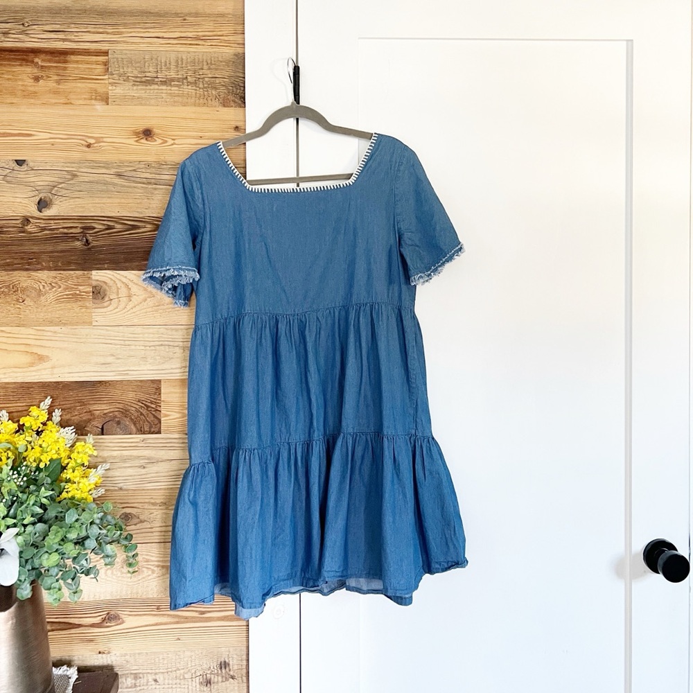 Easel Embroidered Tiered Chambray Babydoll Dress - Picture 3 of 4
